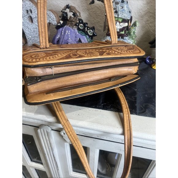 Vintage Corvi Piel Mexico Hand Tooled Aztec Calendar Floral Leather Handbag - Picture 9 of 16